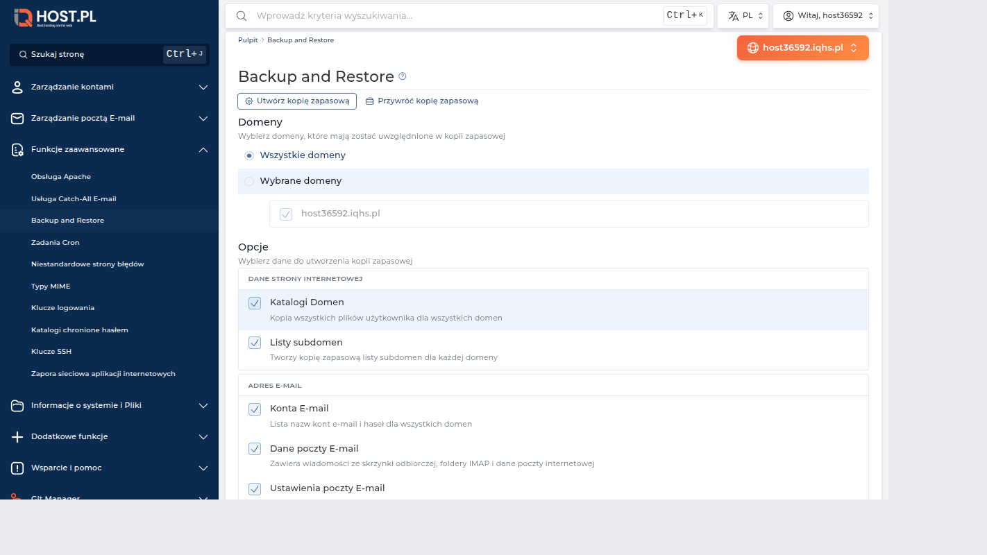 Pełna strona Backup and Restore — opcje wyboru elementów do backupu