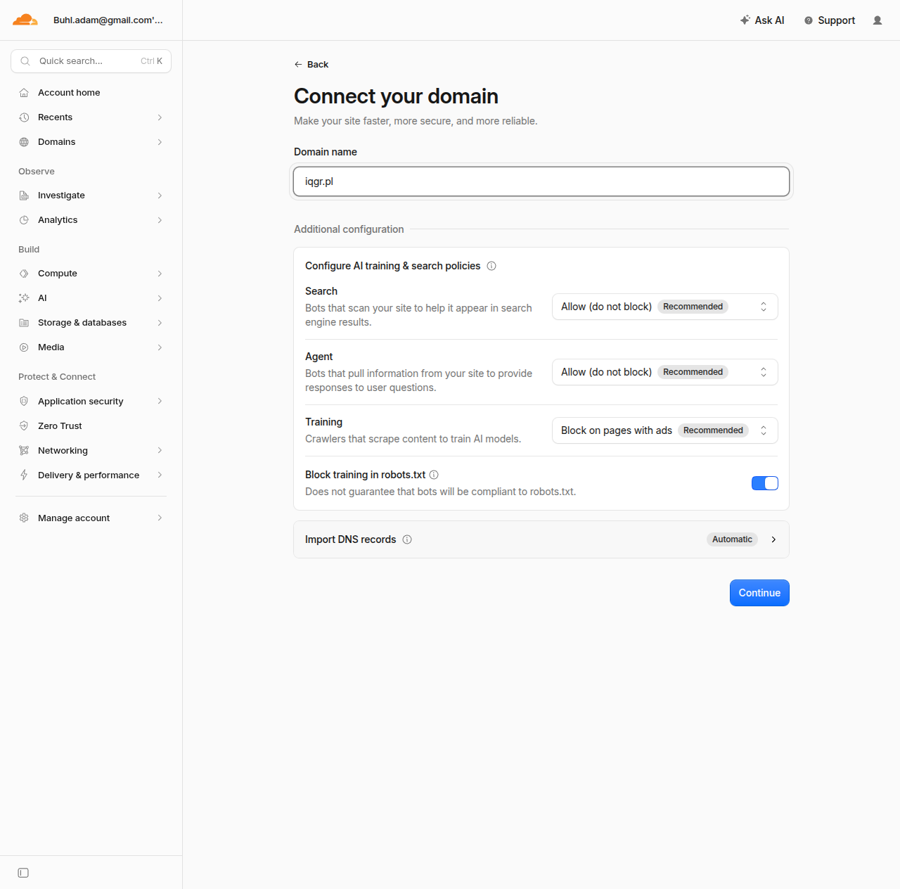 Ekran „Connect your domain" — wpisana domena i import DNS ustawiony na Automatic