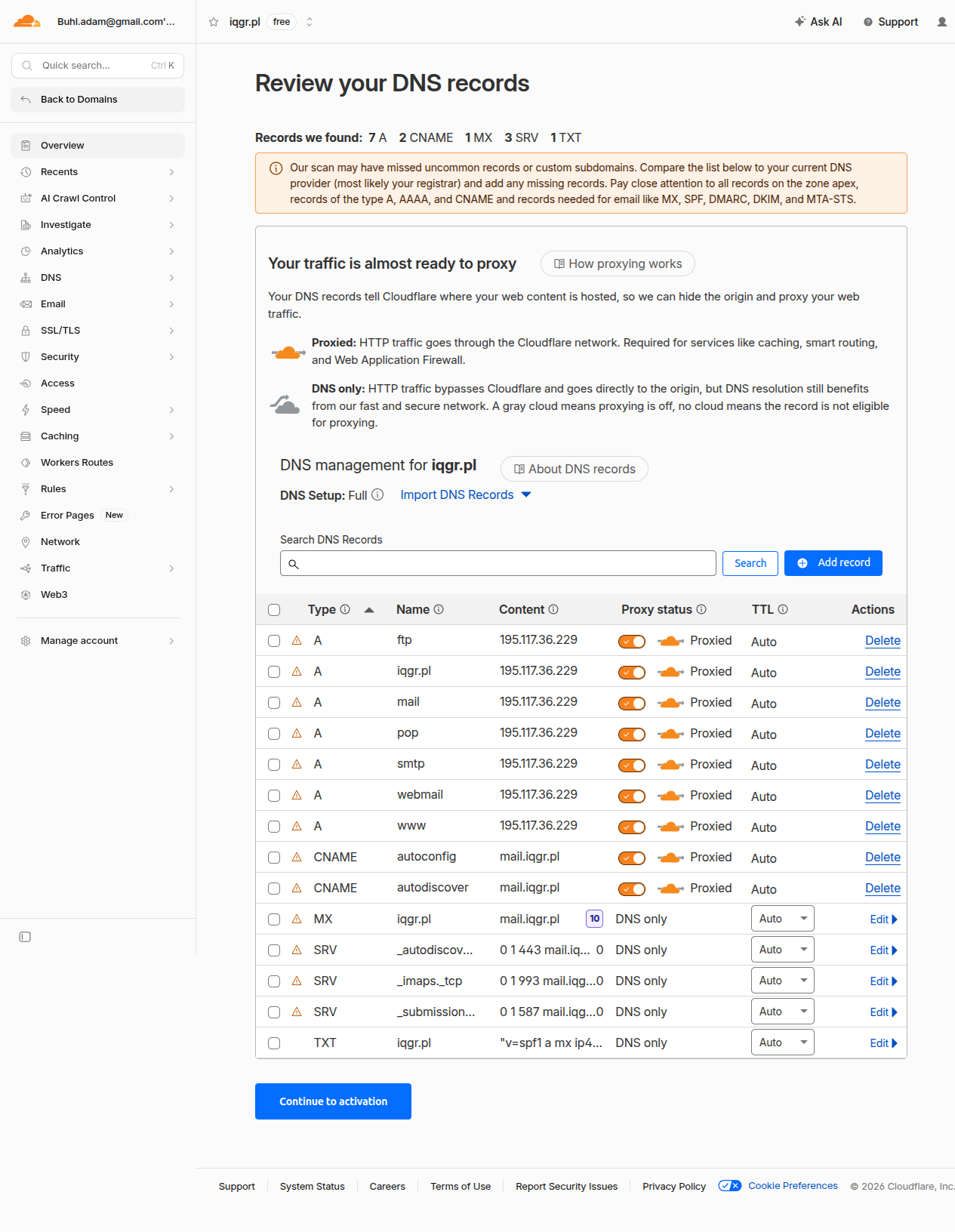 Tabela rekordów DNS w Cloudflare — rekordy mail, smtp, pop, ftp, webmail na statusie Proxied (pomarańczowa chmurka)