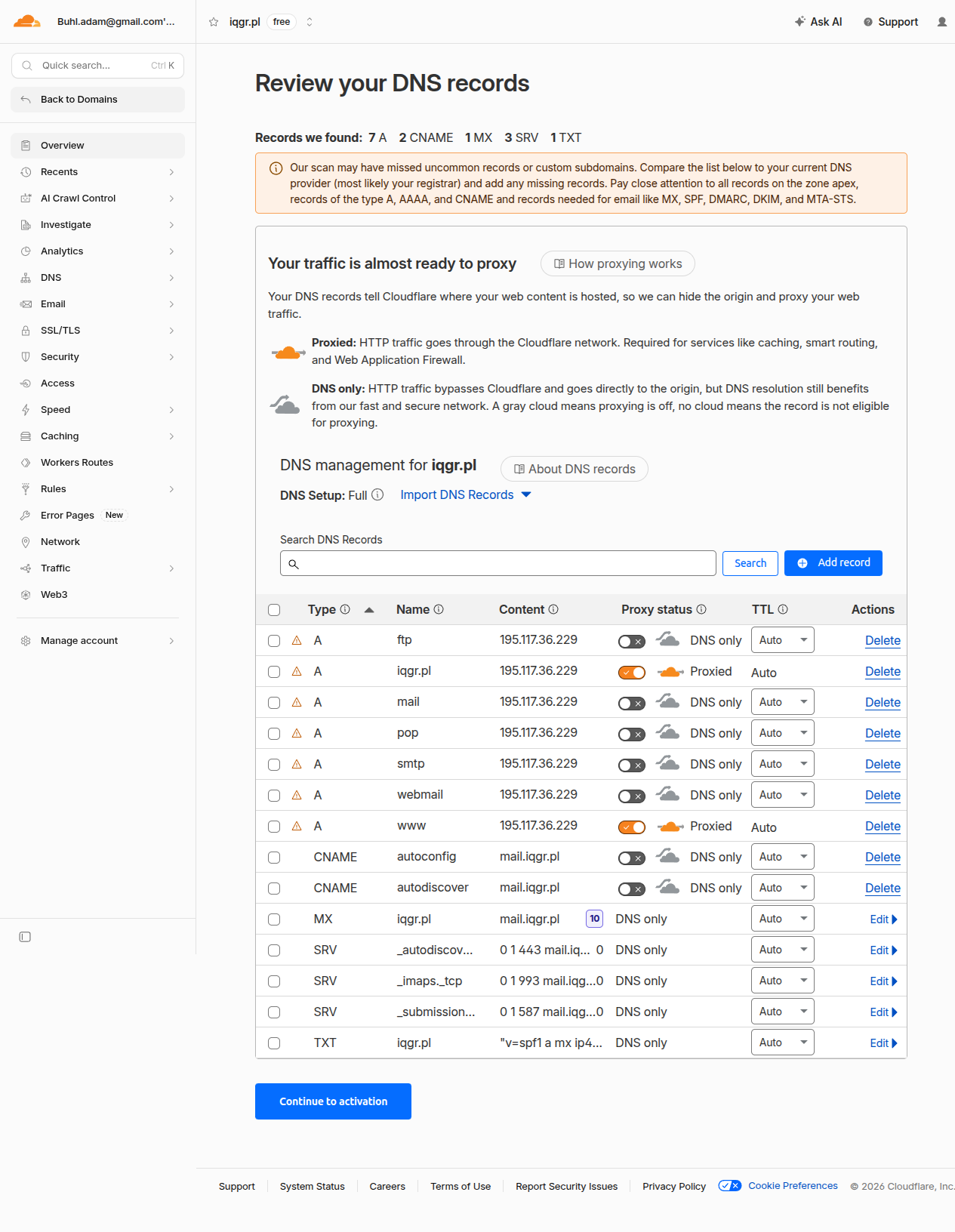 Tabela rekordów DNS po poprawce — mail, smtp, pop, ftp, webmail na DNS only (szara chmurka), a domena i www na Proxied