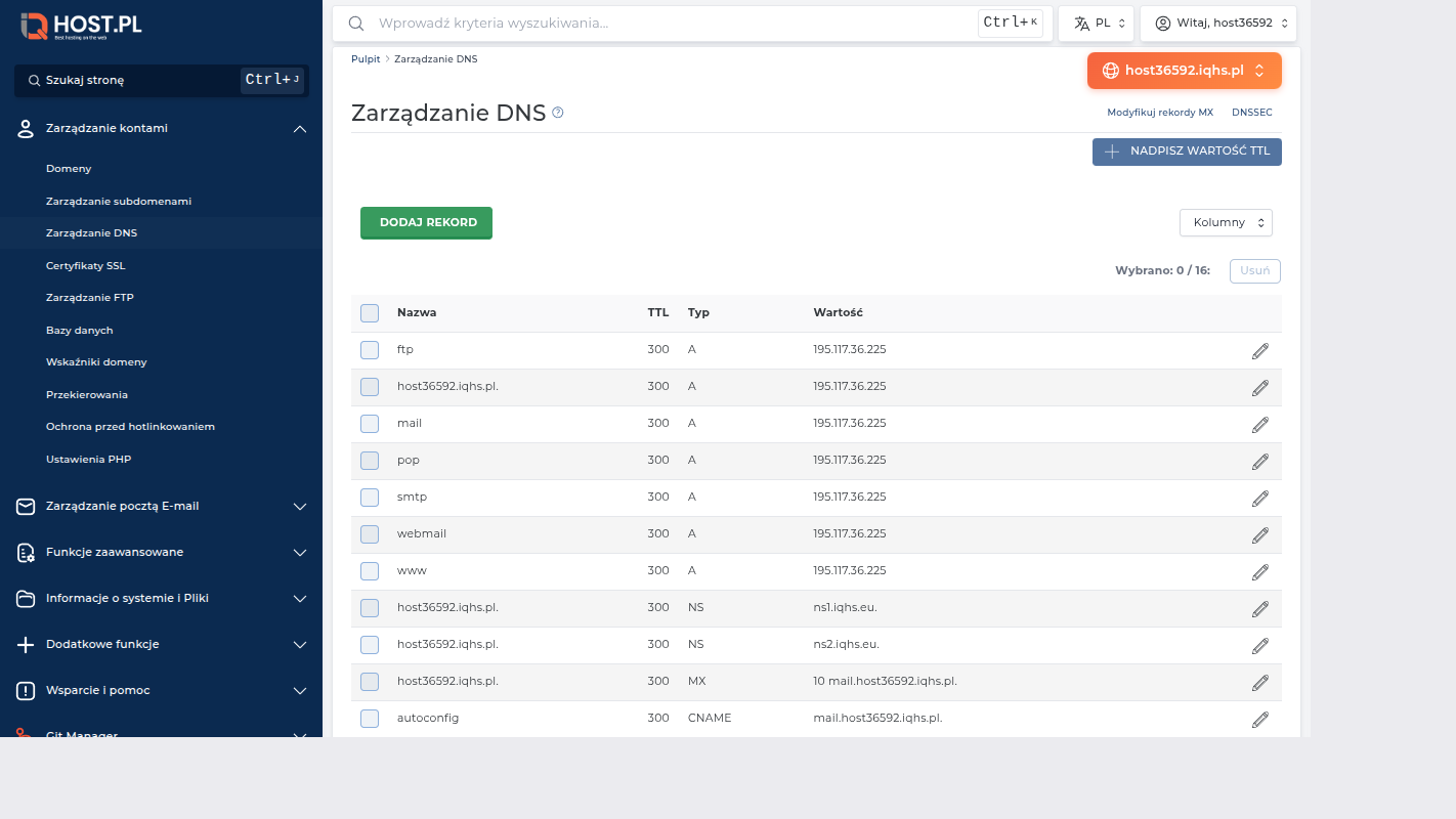 Pełna lista rekordów DNS — wybór wiersza do edycji/usunięcia
