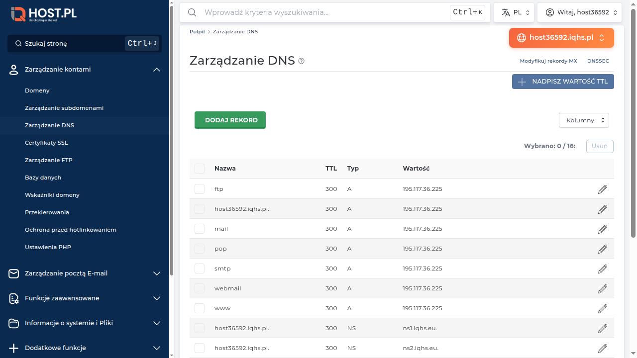 Pełna lista rekordów DNS — widać rekordy A, NS i odnośniki do MX/SPF