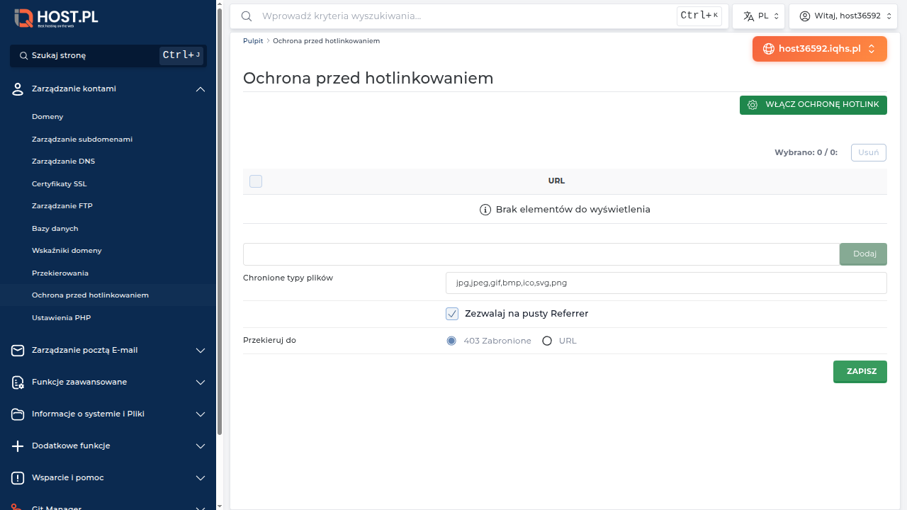 Strona Ochrona przed hotlinkowaniem w DA