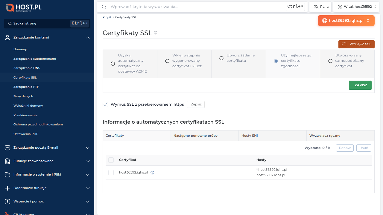 Strona Certyfikaty SSL z informacjami o automatycznym odnowieniu