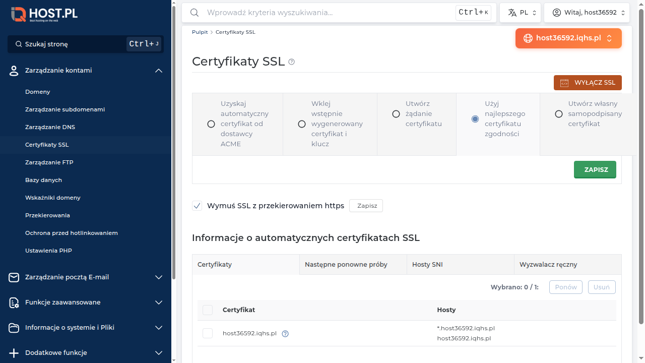 Strona SSL z checkboxem Wymuś SSL z przekierowaniem https — drugi blok pod radio buttons