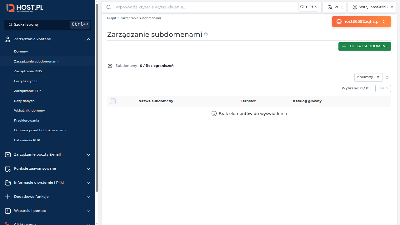 Strona Zarządzanie subdomenami — początkowa pusta lista