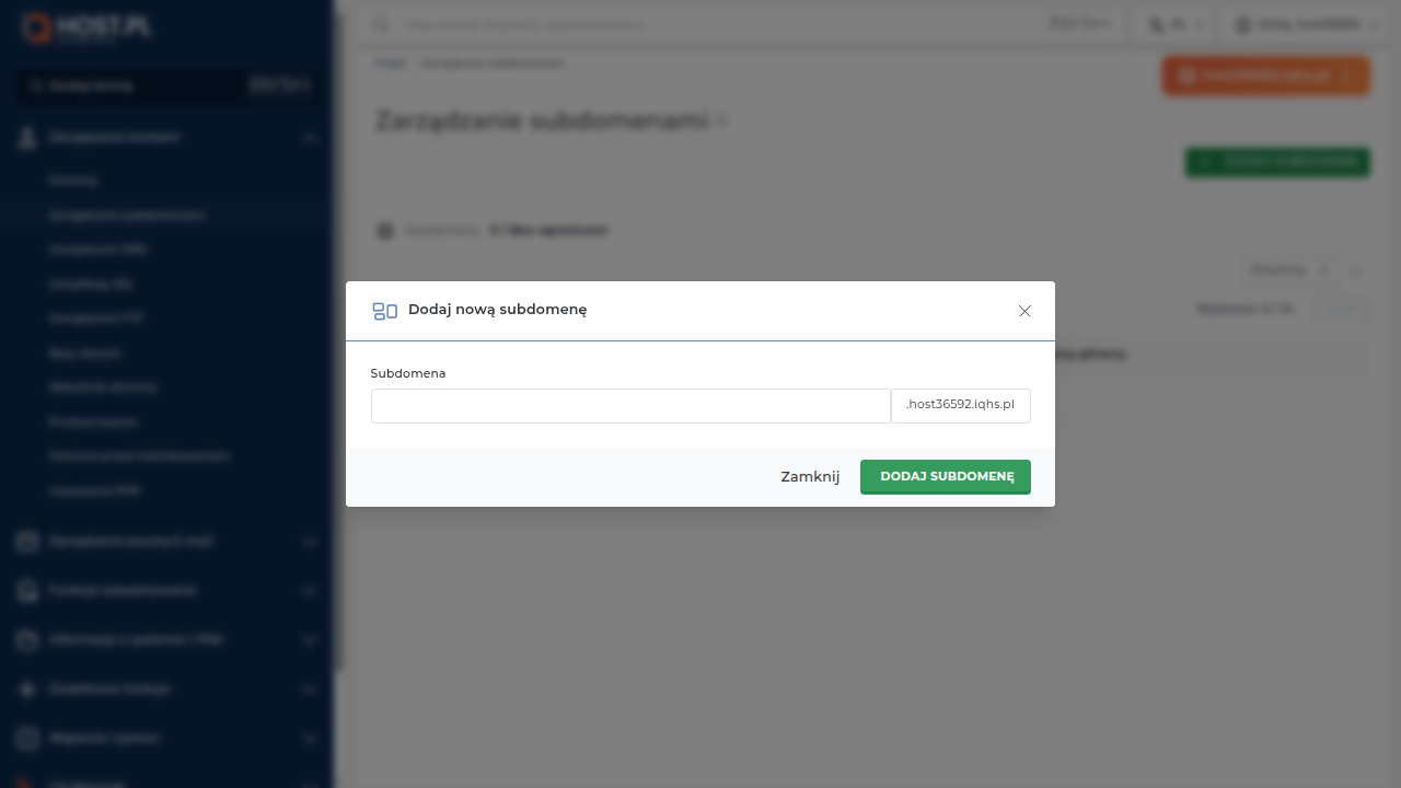 Pusty formularz dodawania subdomeny — dialog z polem Prefix