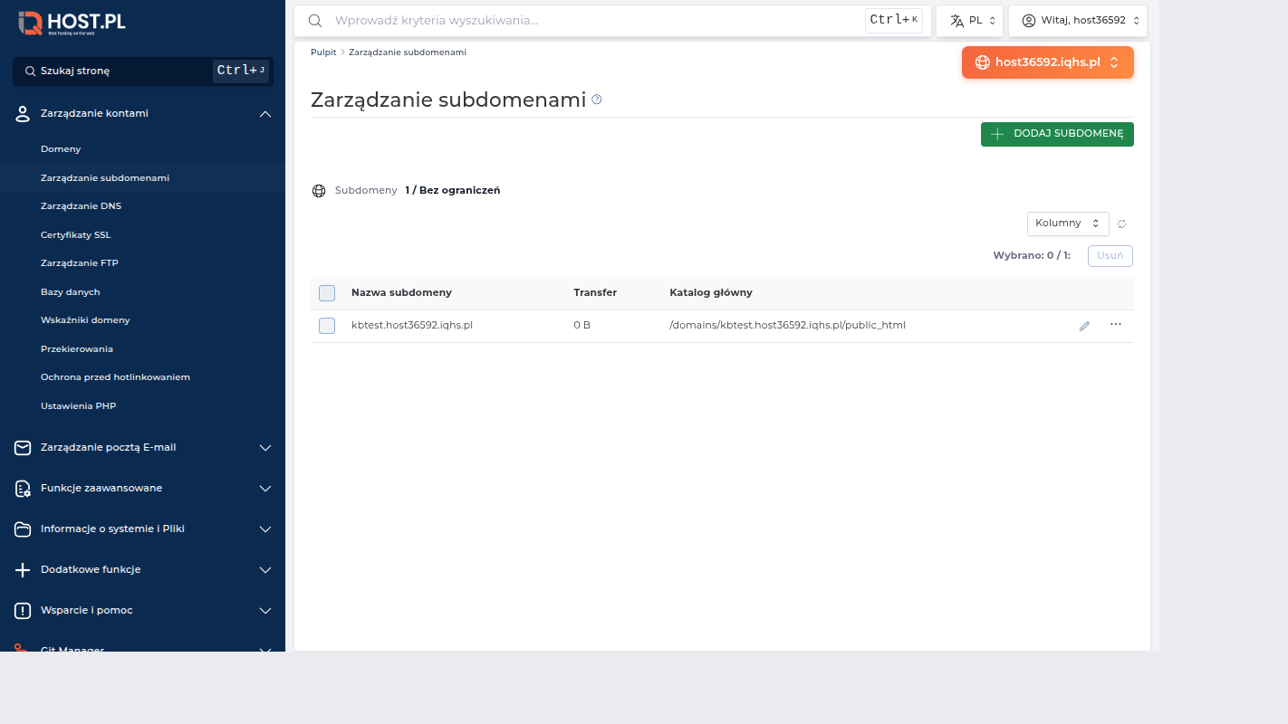 Subdomena utworzona — lista subdomen z nowym wpisem