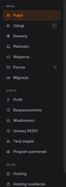 Menu boczne panelu klienta
