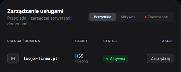 Tabela „Zarządzanie usługami” na pulpicie panelu klienta