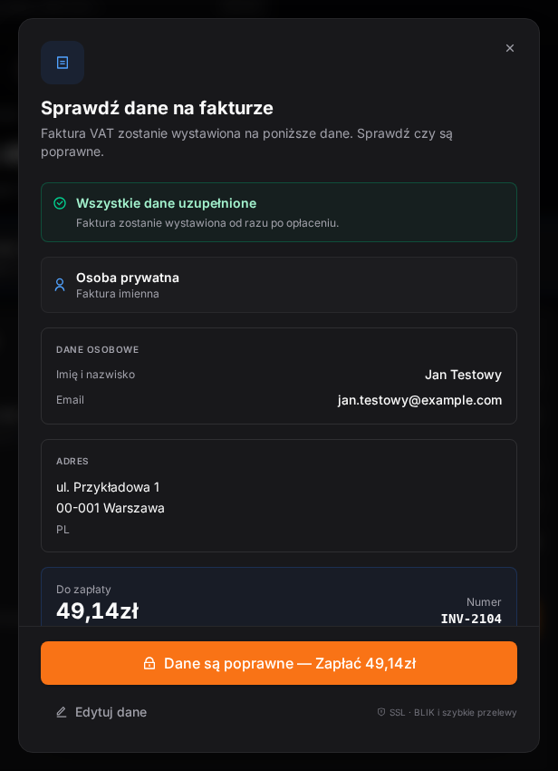 Okno Sprawdź dane na fakturze przed płatnością