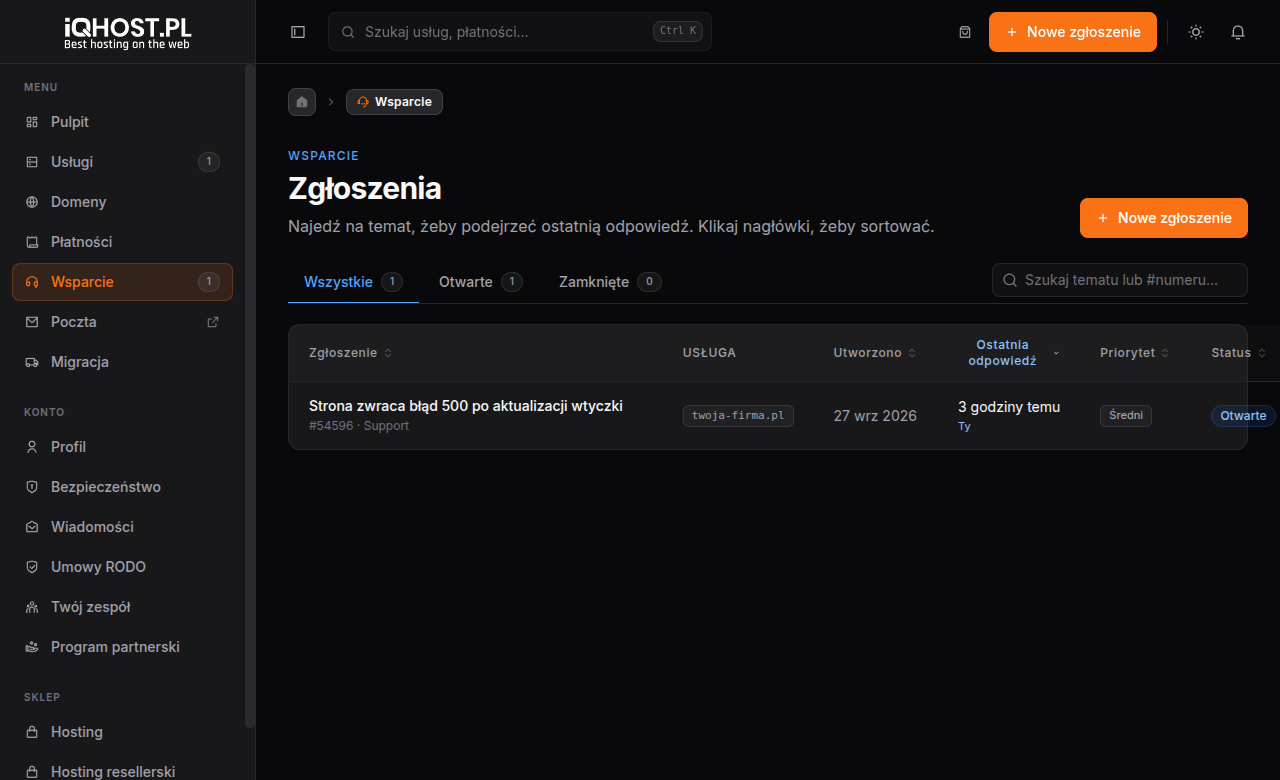 Lista zgłoszeń w panelu klienta