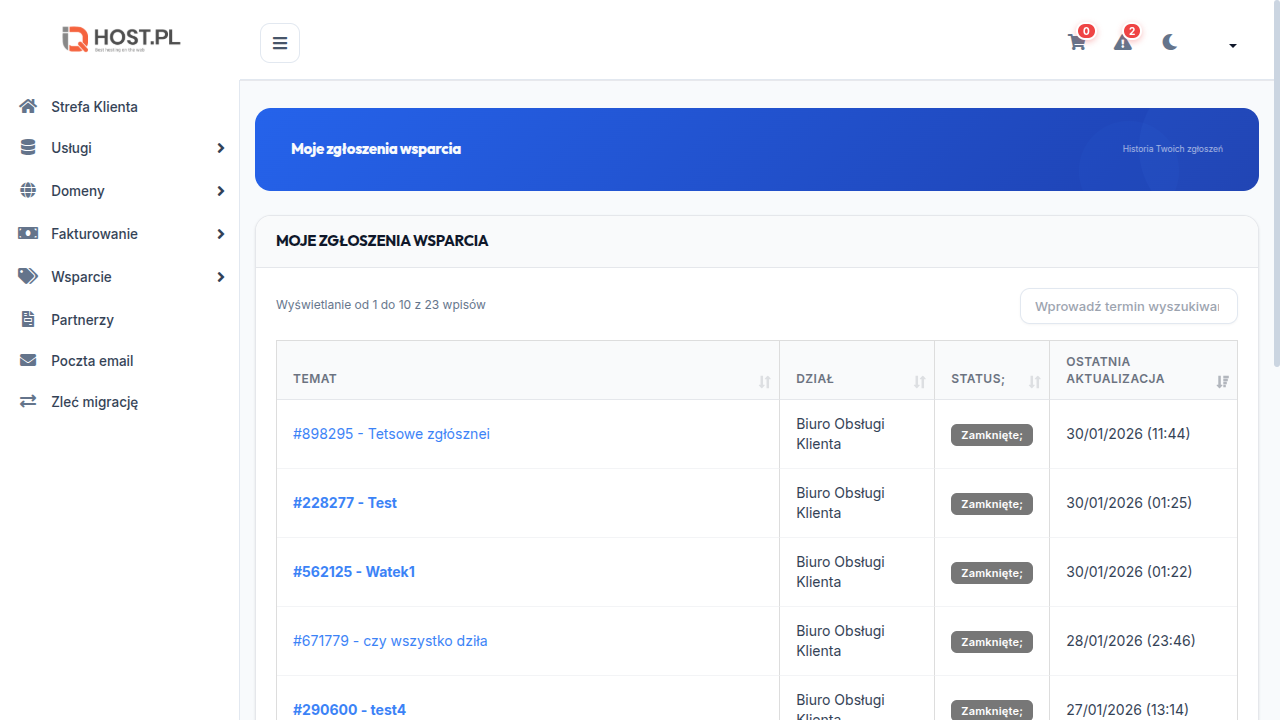 Lista istniejących ticketów