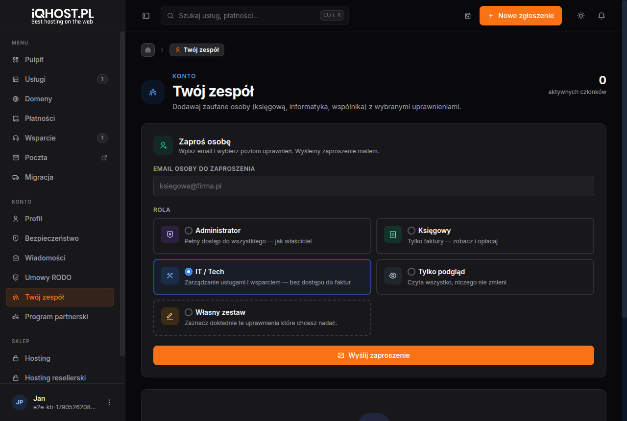 Twój zespół — zaproszenie osoby z wybraną rolą