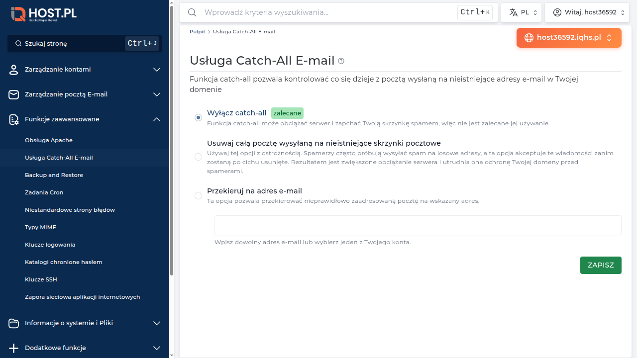 Strona Catch-All z trzema opcjami: Odbij, Skasuj, Wyślij do