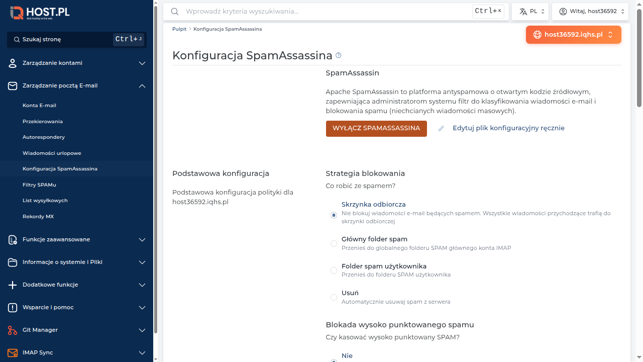 Strona SpamAssassin — punkt sprawdzenia konfiguracji przy diagnostyce