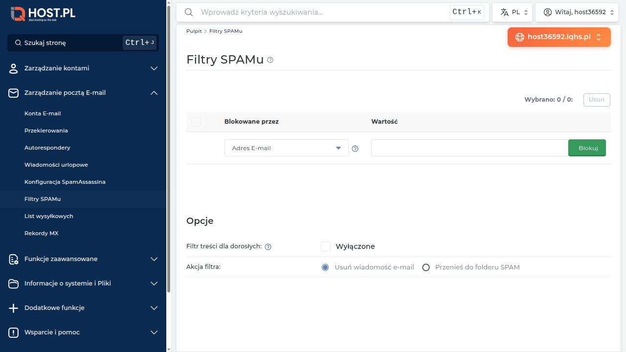 Strona Filtry SPAMu w DirectAdmin — tabela istniejących filtrów per skrzynka