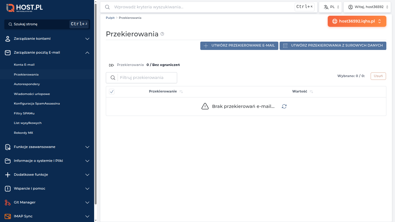Strona Przekierowania w DirectAdmin — na świeżym koncie host36592 brak forwarderów, licznik 0 / Bez ograniczeń