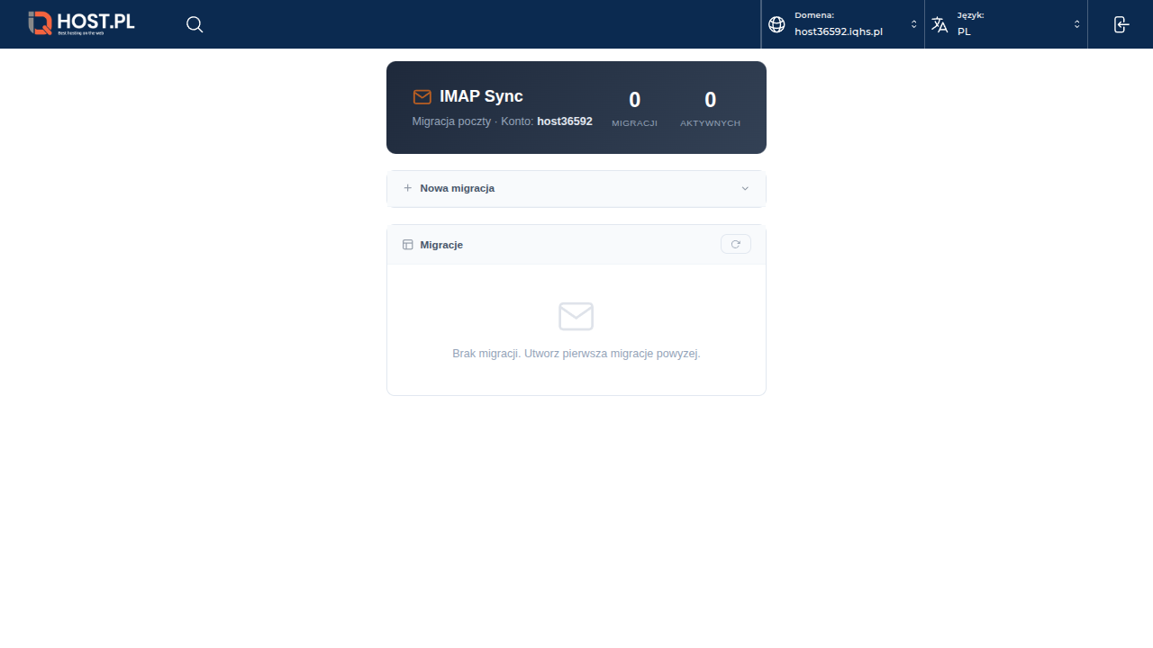 Strona IQhost IMAP Sync — formularz konfiguracji migracji
