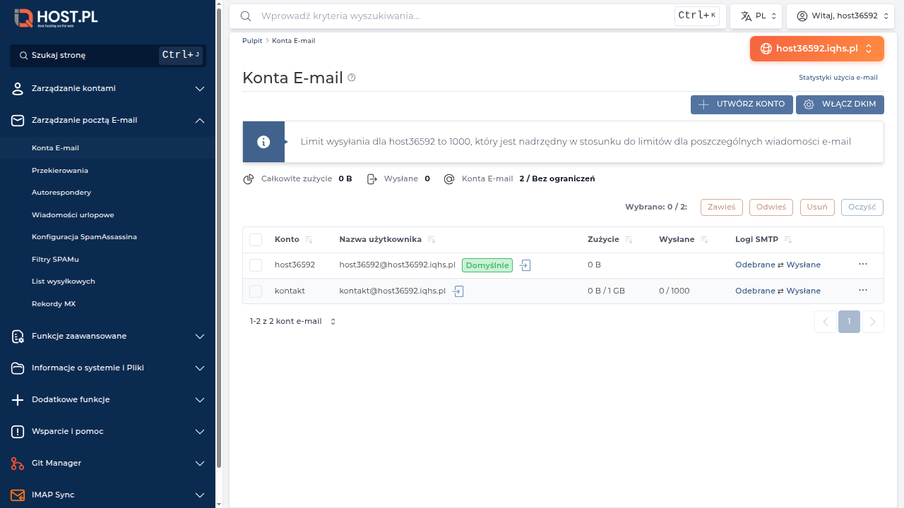 Strona Konta E-mail w DA — źródło ustawień IMAP/SMTP
