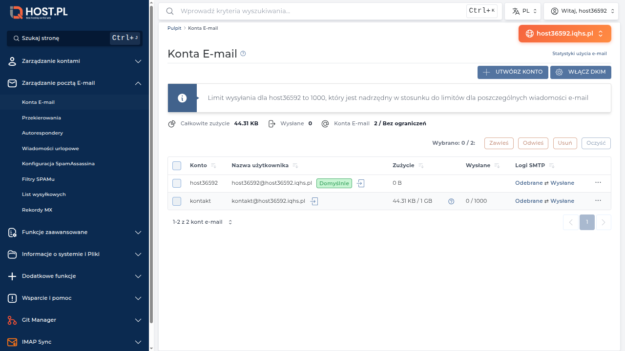 Lista kont E-mail z kolumną Quota