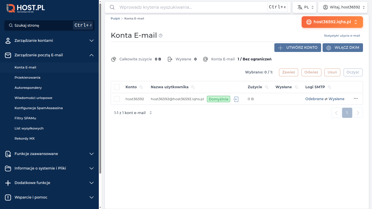 Lista kont E-mail z zużyciem każdej skrzynki — kolumny Zużycie i Wysłane