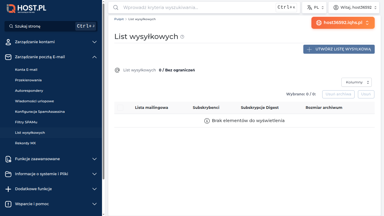 Strona List wysyłkowych w DirectAdmin — pusta lista i przycisk Utwórz