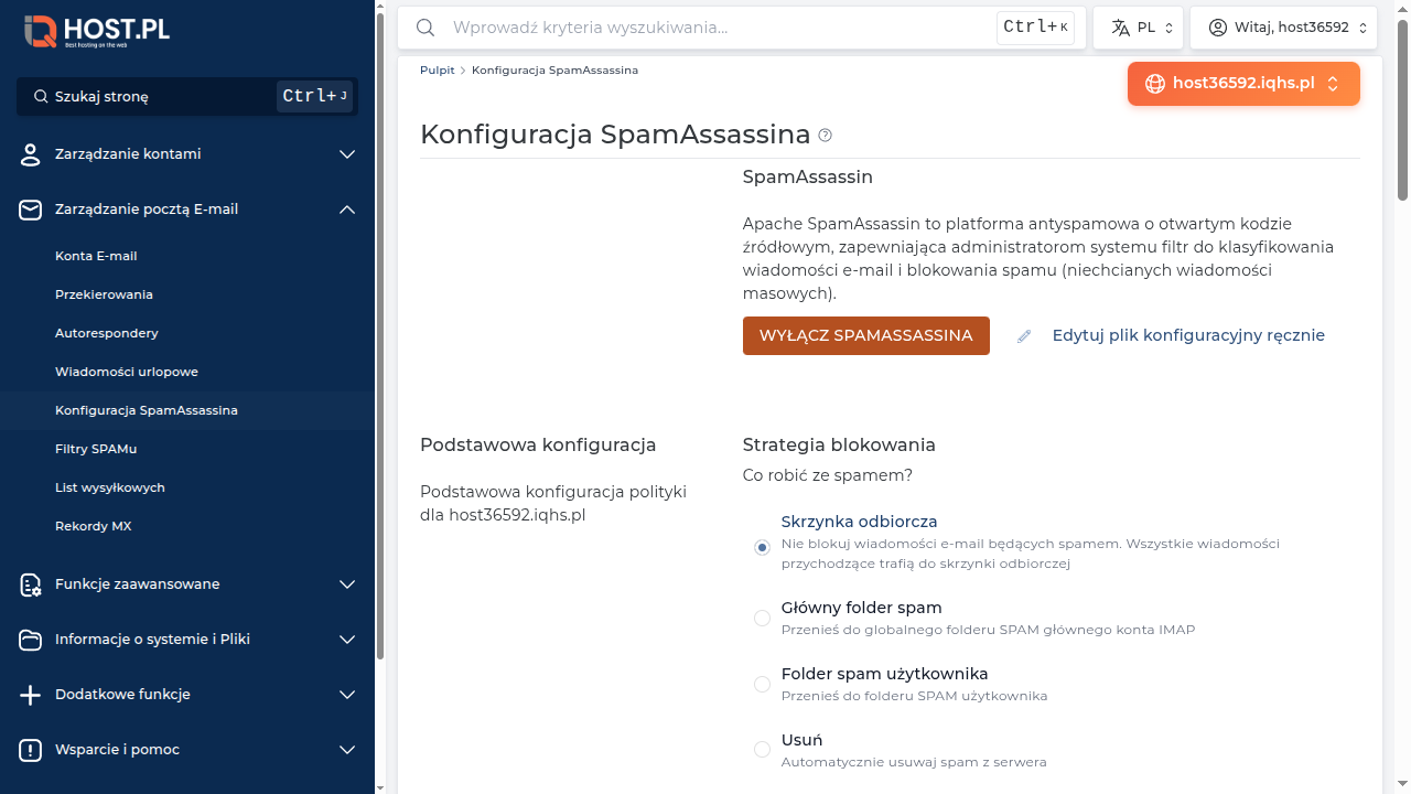 Strona Konfiguracja SpamAssassina — pola Włącz SpamAssassin, Próg, Akcja, Białe/czarne listy