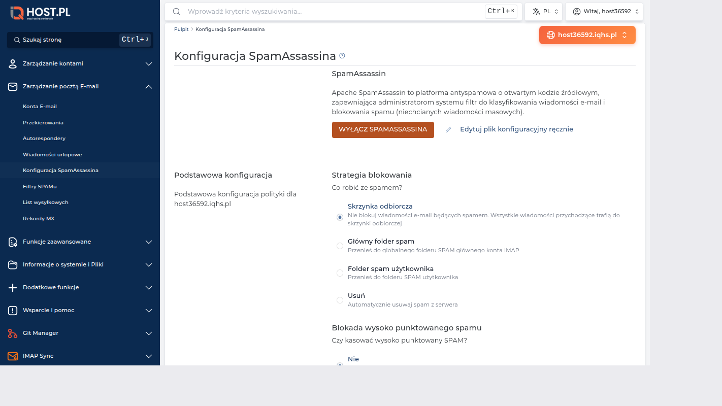Pełen widok strony Konfiguracja SpamAssassina — wszystkie opcje