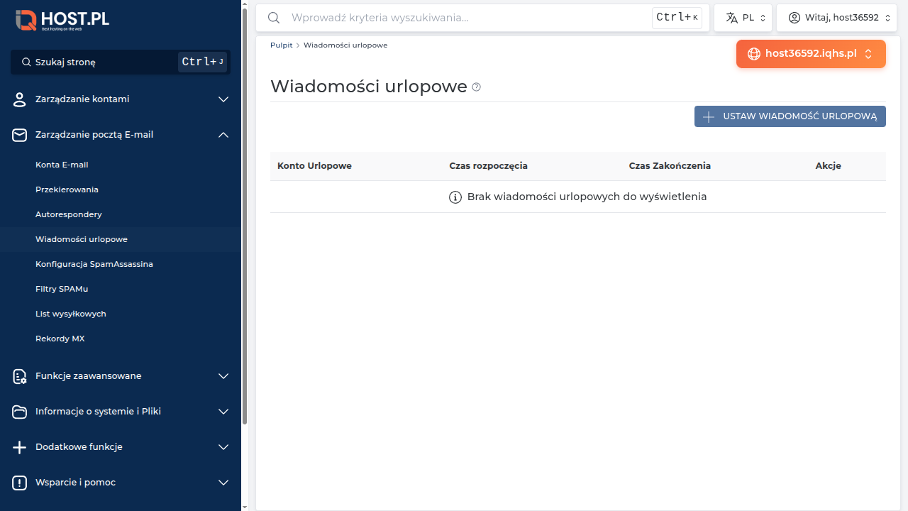 Strona Wiadomości urlopowe — tabela istniejących wakacji z przyciskiem Utwórz wakacje