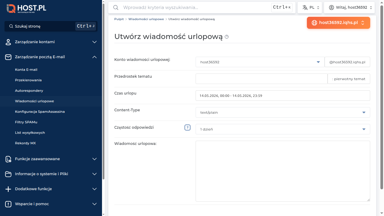 Formularz Utwórz wiadomość urlopową
