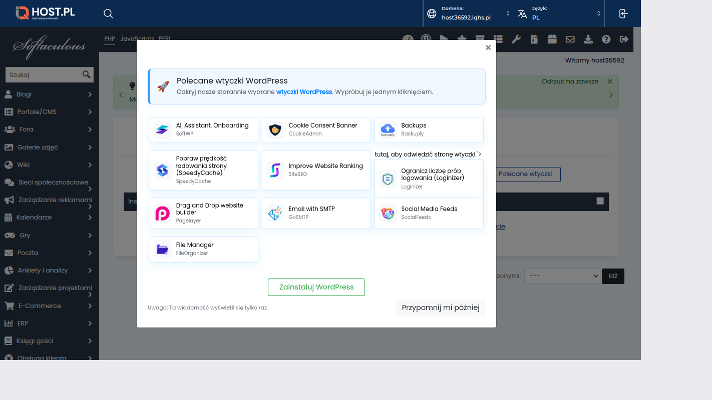 Pełen formularz instalacji WordPressa — Software Setup, Site Settings, Admin Account, Choose Language, Plugins