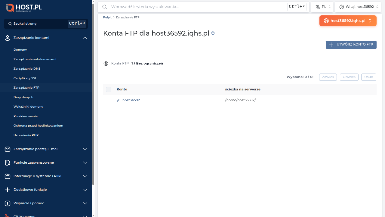 Strona Zarządzanie FTP w DirectAdmin na koncie host36592