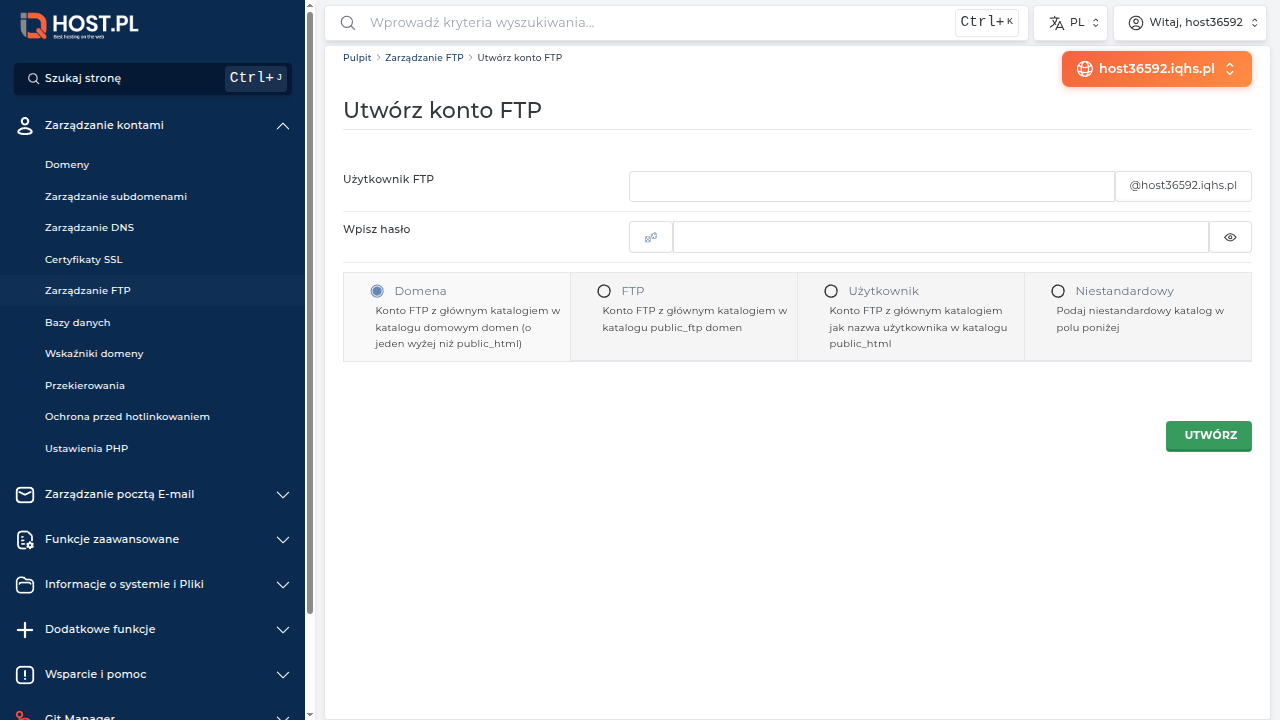 Formularz Utwórz konto FTP z polami Nazwa, Hasło, Katalog domowy
