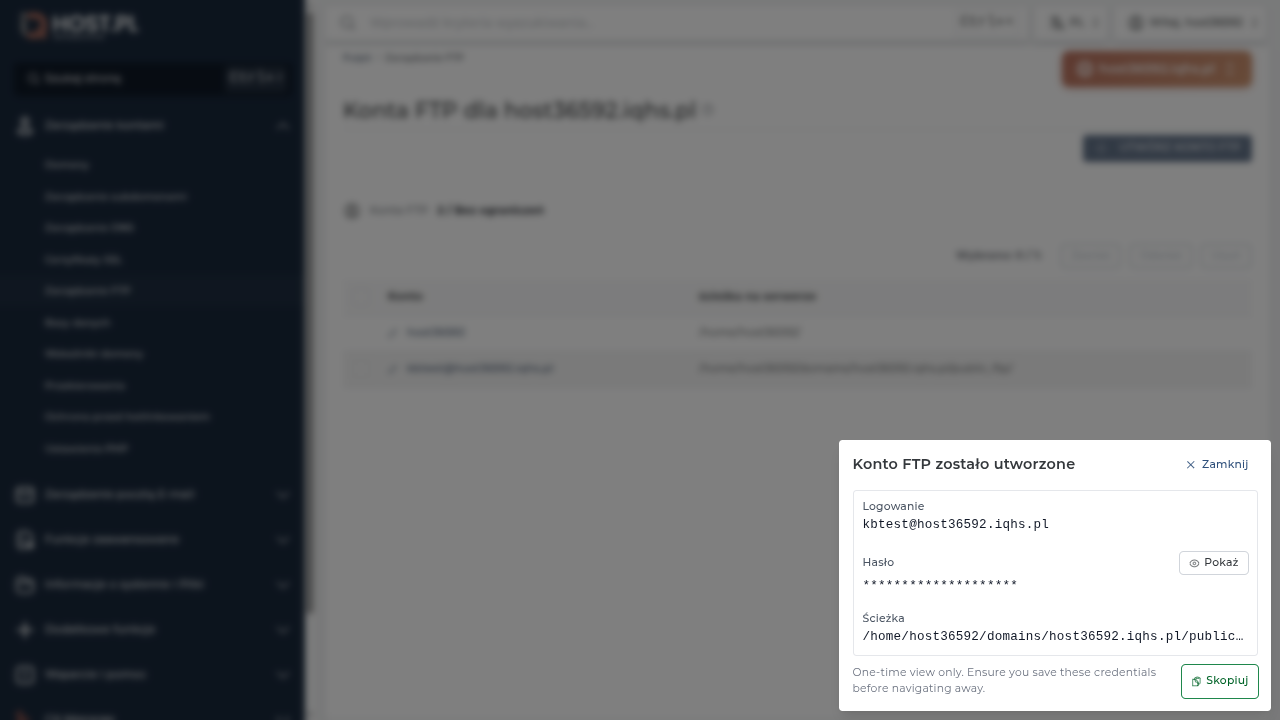 Konto FTP utworzone — komunikat sukcesu