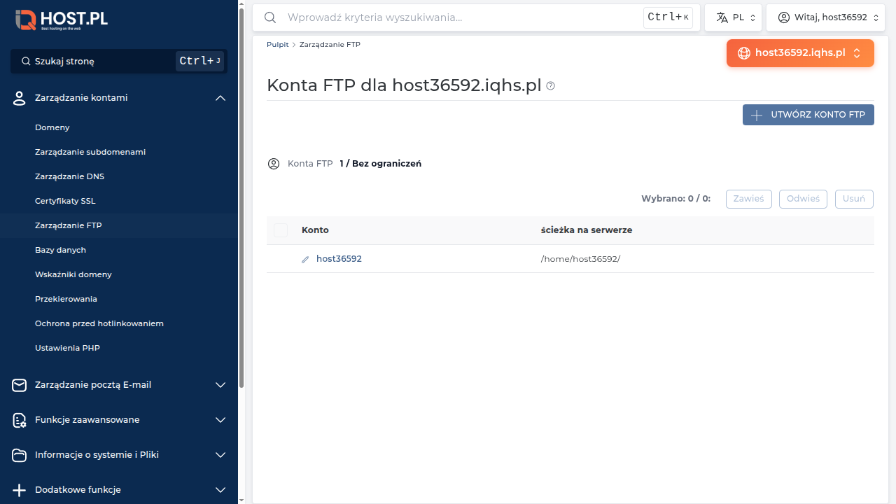 Dane do połączenia z konta FTP w DA — login, host, port
