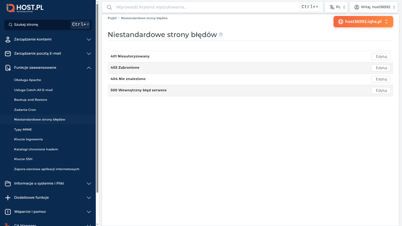 Strona Niestandardowe strony błędów w DirectAdmin