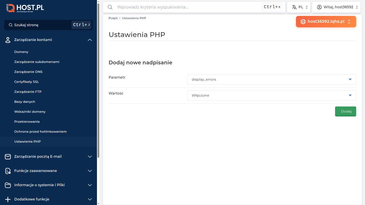 Strona Ustawienia PHP / Select PHP version z rozszerzeniami