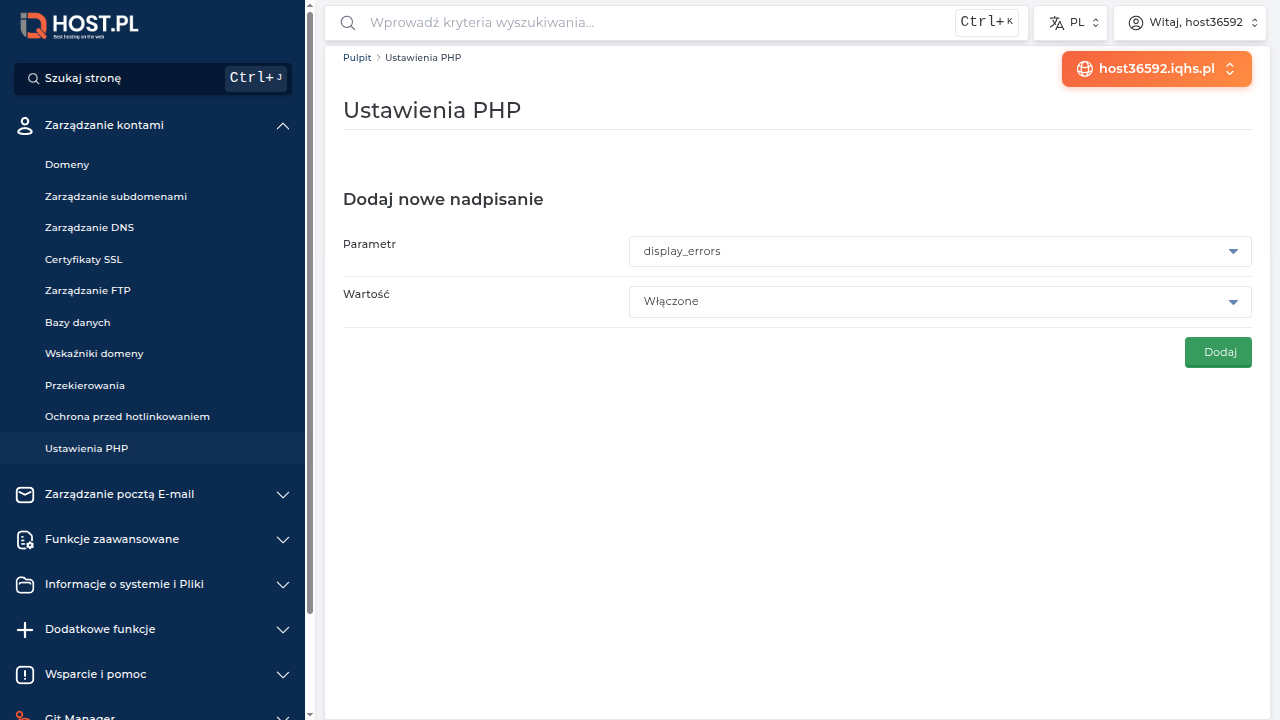 Tabela ustawień PHP — dyrektywy i wartości