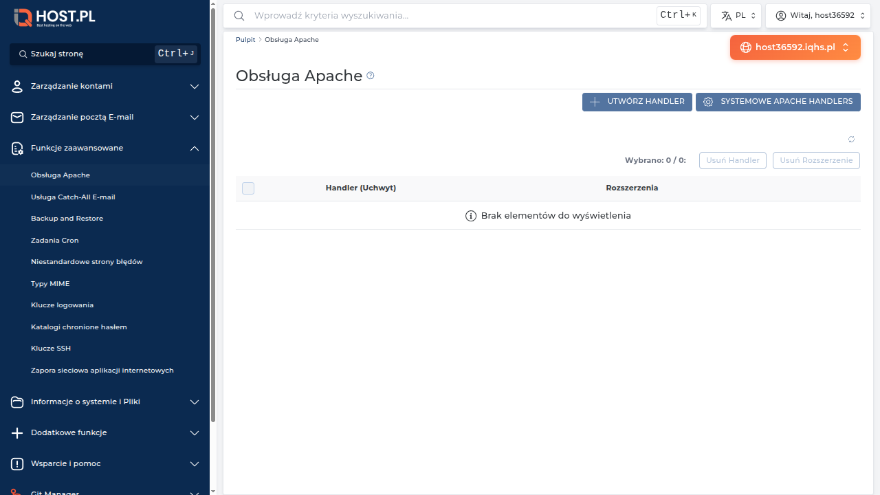 Strona Obsługa Apache w DA