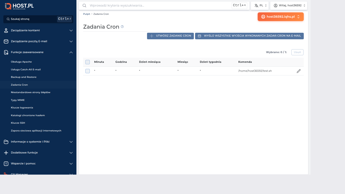 Cron utworzony — wpis widoczny w tabeli
