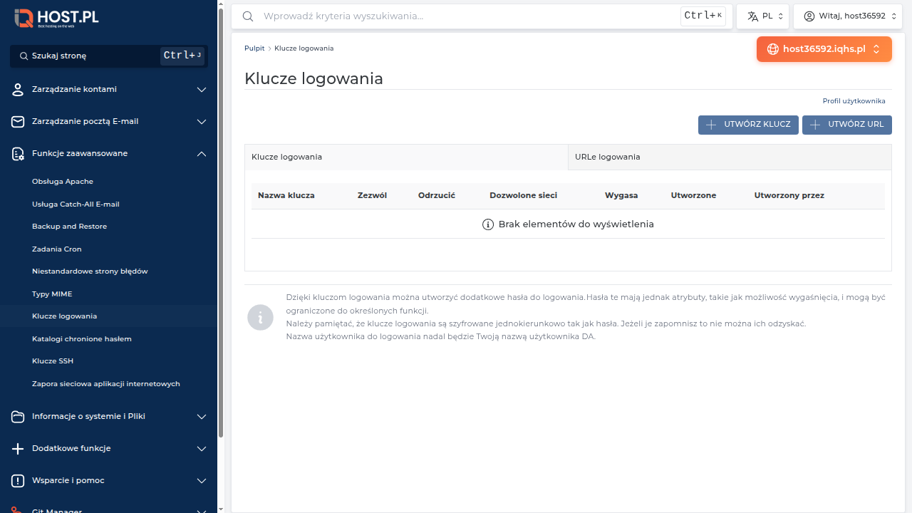 Strona Klucze logowania w DA