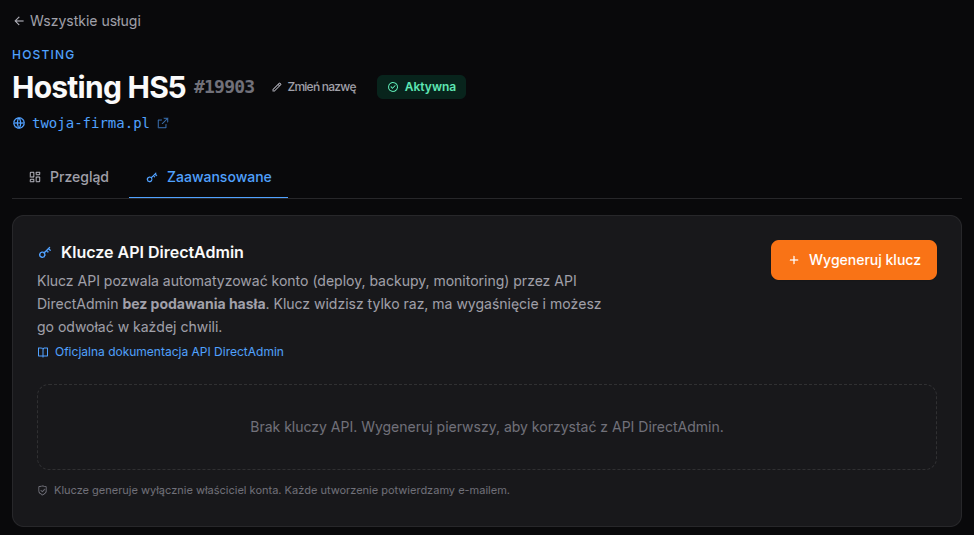 Zakładka Zaawansowane — Klucze API DirectAdmin