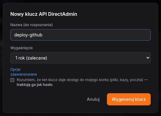 Okno Nowy klucz API DirectAdmin