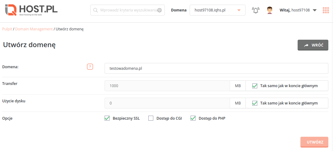 Formularz dodawania domeny w DirectAdmin