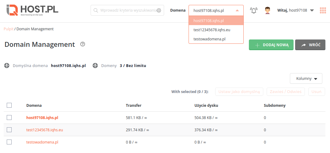 Widok listy domen w DirectAdmin